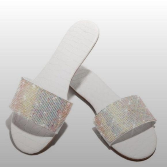 White Patent Embellished Slides - Picture 3 of 5